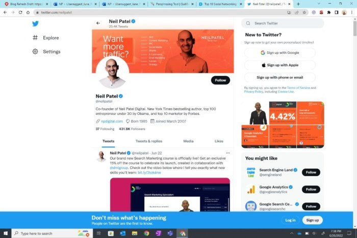 Become An Influencer Using These 19 Easy Steps - Bài viết kiến thức mới nhất 2024 3 Neil Patel's twitter page.